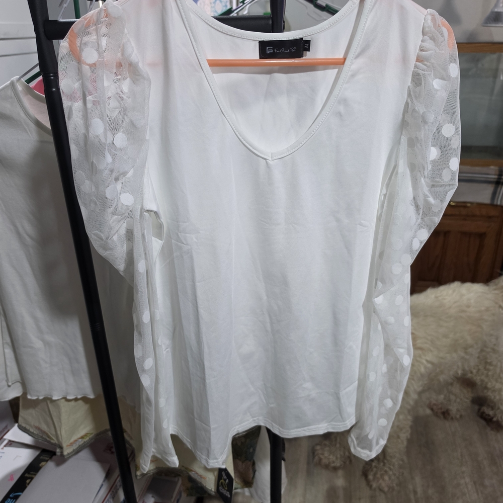 Go Couture Ivory Blouse with Sheer Polka Dot Sleeves